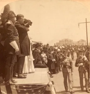 The military parade passing in review before President Roosevelt, Exposition Auditorium The military parade passing in review before President Roosevelt, Exposition Auditorium