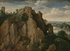 Mountainous landscape foreground steep rocks partly overgrown Mountainous landscape foreground steep rocks partly overgrown