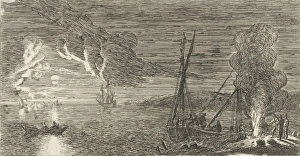 Night Scene with fishermen standing by a fire, print maker: Anonymous, Reinier Nooms Night Scene with fishermen standing by a fire, print maker: Anonymous, Reinier Nooms