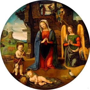 Piero di Cosimo, The Nativity with the Infant Saint John, Italian, 1462-1521, c. 1500 Piero di Cosimo, The Nativity with the Infant Saint John, Italian, 1462-1521, c. 1500