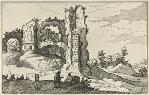 A ruin with a gate, perhaps the Porta Furba in Rome Italy, in the foreground in the A ruin with a gate, perhaps the Porta Furba in Rome Italy, in the foreground in the