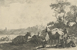 Shepherd with dog on a hill, playing on a flute, the flock of sheep in the foreground Shepherd with dog on a hill, playing on a flute, the flock of sheep in the foreground