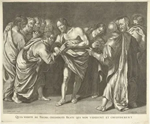 Unbelieving Thomas touches Christ's wound Quia vidisti me Thoma credidisti beati qui Unbelieving Thomas touches Christ's wound Quia vidisti me Thoma credidisti beati qui