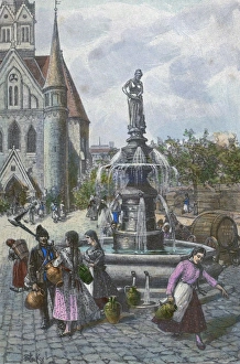 Water fountain in Szeged Hungary, 19th century. water, waterjugs, jugs, women, man Water fountain in Szeged Hungary, 19th century. water, waterjugs, jugs, women, man
