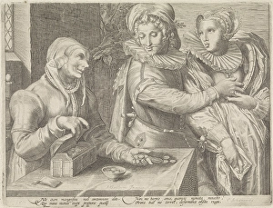 Young couple and an old woman with money box (Unequal love), Anonymous, Jan Saenredam Young couple and an old woman with money box (Unequal love), Anonymous, Jan Saenredam
