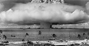 A nuclear weapon test by the American military at Bikini Atoll, Micronesia A nuclear weapon test by the American military at Bikini Atoll, Micronesia
