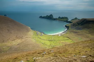 Village Bay on St Kilda and the old house that formed the village, Scotland, UK, May Village Bay on St Kilda and the old house that formed the village, Scotland, UK, May