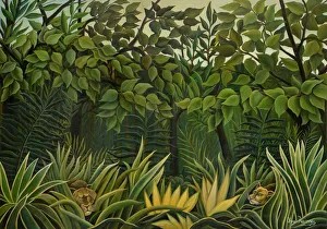 Two Lions on the Lookout in the Jungle, 1909-1910. Creator: Rousseau, Henri Julien Felix Two Lions on the Lookout in the Jungle, 1909-1910. Creator: Rousseau, Henri Julien Felix
