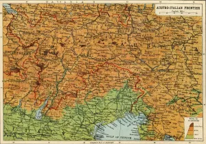 Map of the Austro-Italian frontier, First World War, (c1920). Creator: John Bartholomew & Son Map of the Austro-Italian frontier, First World War, (c1920). Creator: John Bartholomew & Son