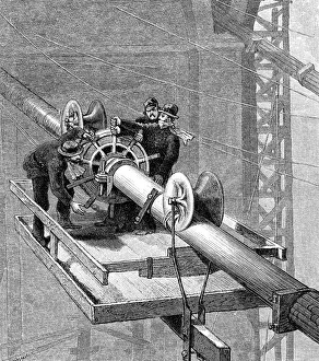 Putting wire wrapping around the suspension cables, Brooklyn Suspension Bridge, 1883. Artist: Unknown Putting wire wrapping around the suspension cables, Brooklyn Suspension Bridge, 1883. Artist: Unknown