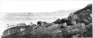 Strata of red sandstone, slightly inclined, Siccar Point, Berwickshire 1852. Artist: Charles Lyell Strata of red sandstone, slightly inclined, Siccar Point, Berwickshire 1852. Artist: Charles Lyell