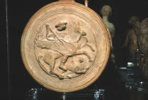 Terracotta Flask with moulded medallion, Bellerophon killing the Chimaera, c300BC-c250BC Terracotta Flask with moulded medallion, Bellerophon killing the Chimaera, c300BC-c250BC