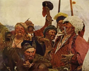Detail of the Zaporozhets writing a letter to the Turkish Sultan, 1880-1890, (1965) Detail of the Zaporozhets writing a letter to the Turkish Sultan, 1880-1890, (1965)