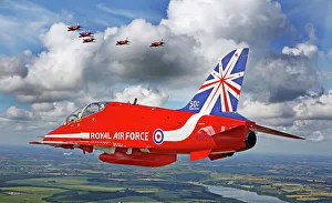 <b class=qtipBold><figcaption>RAF Red Arrows</figcaption></b><br>'Red 6' of the world famous air display team the Red Arrows is pictured during a transit flight from Denmark back to the UK, after a display at Gilze Rijen. In the background the front half of the 9 display aircraft can be seen in battle formation. This image was a winner in the 2014 RAF Photographic Competition.<br><em>© Crown copyright</em> RAF Red Arrows